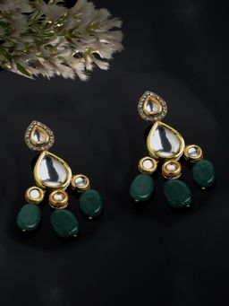 Dugran By Dugristyle - Green and Gold Drop Earring with Kundan and Pearls