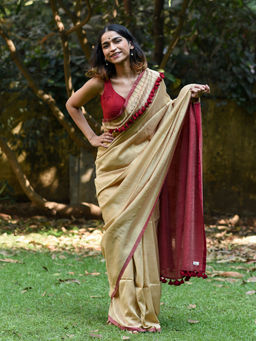 Suta - Off White Solid Cotton Blend Saree