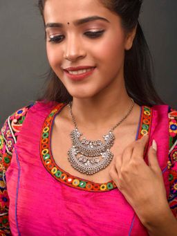 Fida - Oxidised Silver Ethnic Duel Drop Pendants Necklace For Women