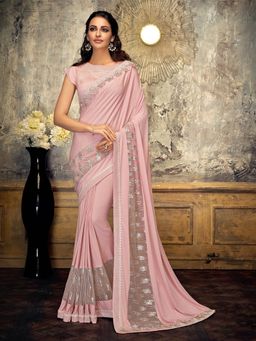Odette - Pink Lycra Fancy Net Designer Saree with Unstitched Blouse