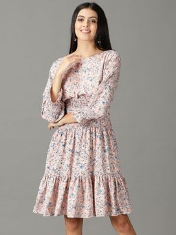 SHOWOFF - Womens Printed Boat Neck Peach Mini Dress