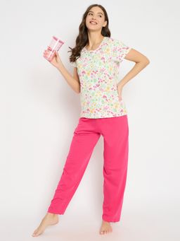 Clovia - Floral Print Top In White and Chic Basic Pyjama In Hot Pink (Set of 2)