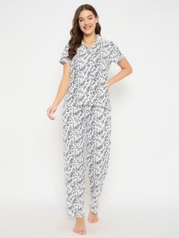 Clovia - Printed Top In White and Chic Basic Pyjama In Black (Set of 2)