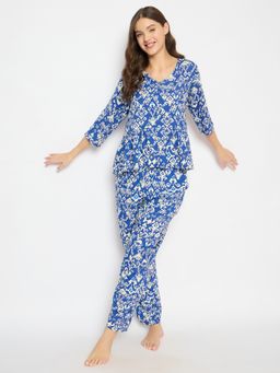 Clovia - Printed Peplum Top and Pyjama In Navy (Set of 2)