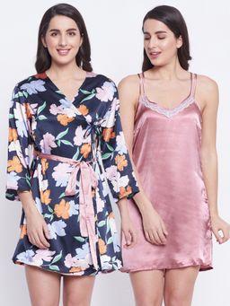 Clovia - Chic Basic Babydoll and Floral Print Robe In Dusky Pink and Navy (Set of 2)