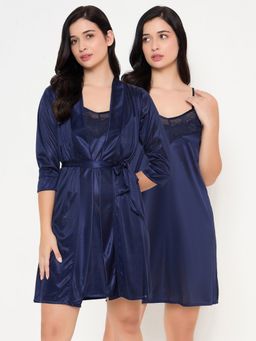 Clovia - Chic Basic Short Night Dress and Robe In Navy (Set of 2)