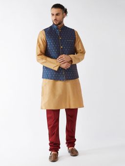 Vastramay - Men's Rose Gold, Blue And Maroon Silk Blend Jacket, Kurta And Pyjama Set (Set of 3)