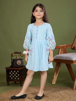 Tiny Twills - Girls Blue Rayon Round Neck Embroidered Dress