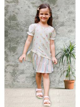 Tiny Twills - Girls Beige Cotton Blend Round Neck Woven Dress
