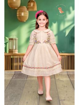 Tiny Twills - Girls Beige Khadi Collar Neck Embroidered Dress