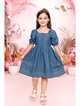 Tiny Twills - Girls Blue Denim Square Neck Embroidered Dress