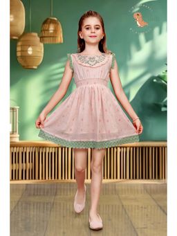 Tiny Twills - Girls Peach Cotton Blend Round Neck Embroidered Dress