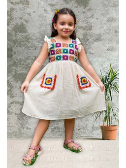 Tiny Twills - Girls Off White Cotton Square Neck Embroidered Dress