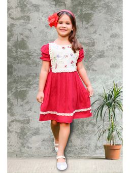 Tiny Twills - Girls Pink Rayon Round Neck EmbroidePink Dress