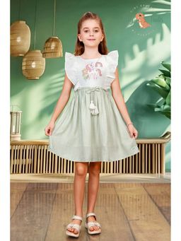 Tiny Twills - Girls Green Cambric Round Neck Embroidered Dress