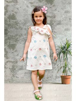 Tiny Twills - Girls White Cotton One Shoulder Embroidered Dress