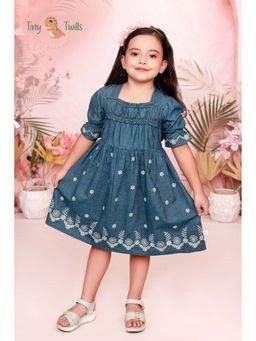 Tiny Twills - Girls Blue Denim Square Neck Embroidered Dress