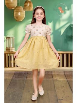 Tiny Twills - Girls Yellow Khadi Round Neck Printed Dress
