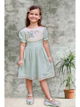 Tiny Twills - Girls Green Rayon Round Neck Embroidered Dress