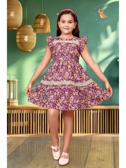Tiny Twills - Girls Wine Linen Round Neck Printed Dress