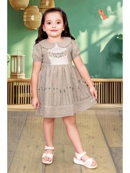 Tiny Twills - Girls Beige Jute Collar Neck Embroidered Dress
