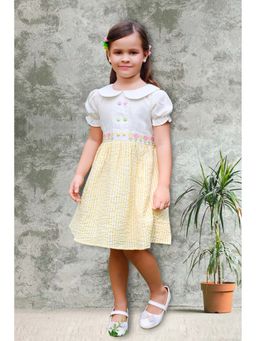 Tiny Twills - Girls Yellow Linen Collar Neck Embroidered Dress