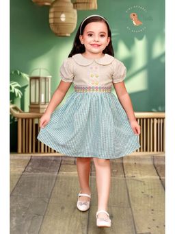 Tiny Twills - Girls Blue Linen Collar Neck Embroidered Dress