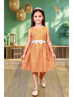 Tiny Twills - Girls Mustard Linen Round Neck Printed Dress