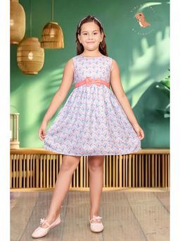 Tiny Twills - Girls Blue Linen Round Neck Printed Dress