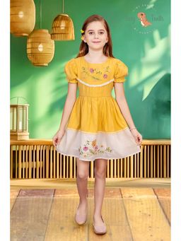 Tiny Twills - Girls Mustard Rayon Round Neck Embroidered Dress