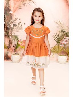 Tiny Twills - Girls Orange Rayon Round Neck Embroidered Dress