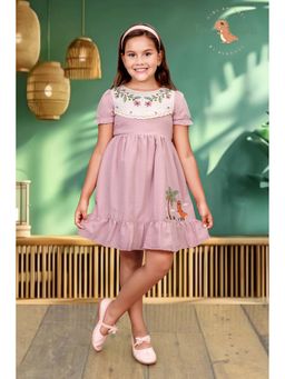 Tiny Twills - Girls Lavender Linen Round Neck Embroidered Dress