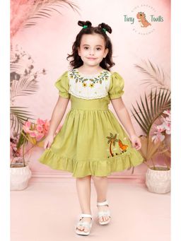 Tiny Twills - Girls Green Linen Round Neck Embroidered Dress