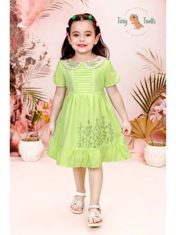 Tiny Twills - Girls Green Linen Collar Neck Embroidered Dress