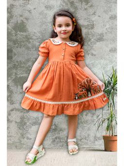 Tiny Twills - Girls Rust Linen Collar Neck Embroidered Dress