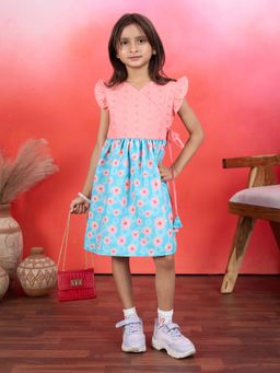 Tiny Twills - Girls Peach Rayon V-Neck Printed Dress