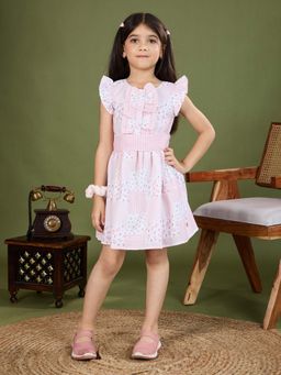 Tiny Twills - Girls Pink Linen Round Neck Printed Dress