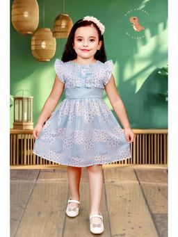 Tiny Twills - Girls Blue Linen Round Neck Printed Dress