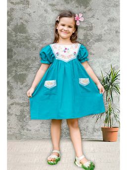 Tiny Twills - Girls Turquoise Linen Round Neck Embroidered Dress
