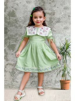 Tiny Twills - Girls Green Cotton Collar Neck Embroidered Dress