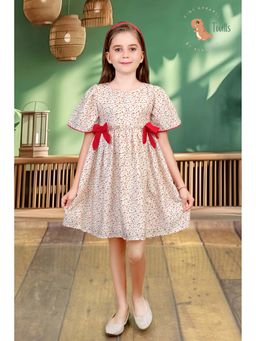 Tiny Twills - Girls Red Rayon Round Neck Printed Dress