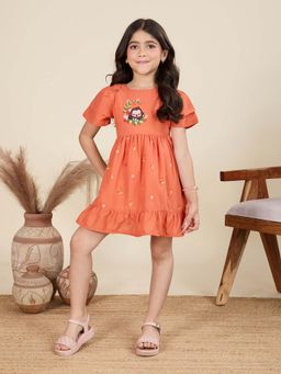 Tiny Twills - Girls Rust Linen Round Neck Embroidered Dress
