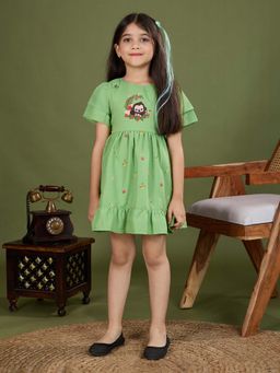 Tiny Twills - Girls Green Linen Round Neck Embroidered Dress