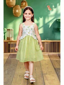 Tiny Twills - Girls Green Linen Shoulder Straps Printed Dress