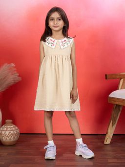 Tiny Twills - Girls Beige Cotton Round Neck Embroidered Dress