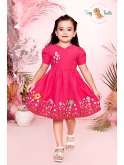 Tiny Twills - Girls Pink Linen V-Neck Embroidered Dress