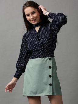 SHOWOFF - Women's Puff Sleeves Polka Dots Navy Blue Cinched Waist Top