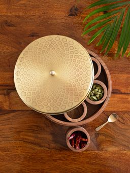 ExclusiveLane - Mughal Hand-Etched' Spice Box With Spoon In Brass (7 Containers, 60 ml)