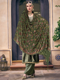 Stylee LIFESTYLE - Green Velvet Embroidered Dress Material (Set of 3)