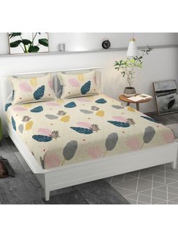 BAJO'S - Cream Floral Printed Fitted Bedsheet & 2 Pillow Covers (Queen)